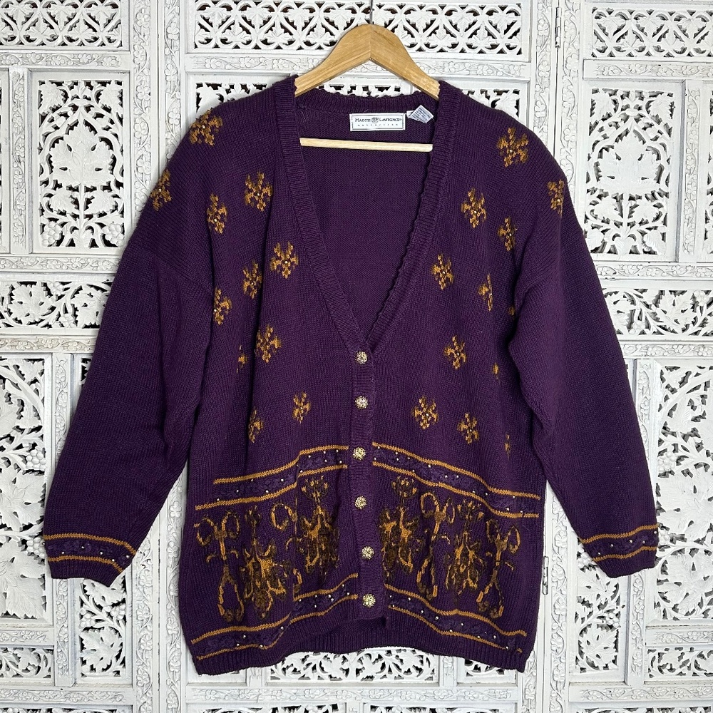 Vintage Maggie Lawrence Purple & Gold Grannycore Button Up Cardigan Sz 2X
